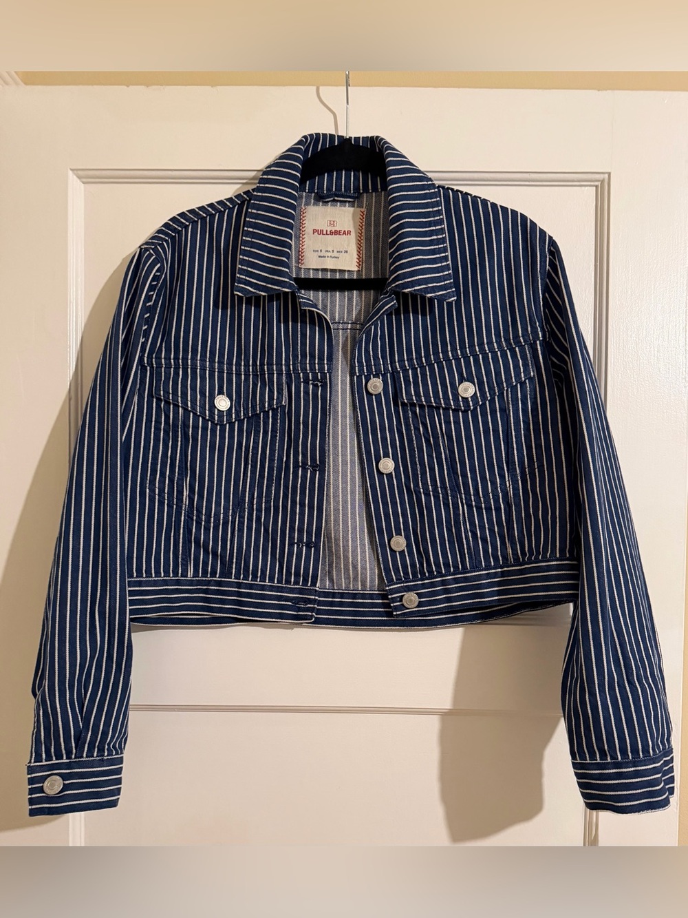 Pull&Bear Navy and White Striped Cropped Jean Jacket